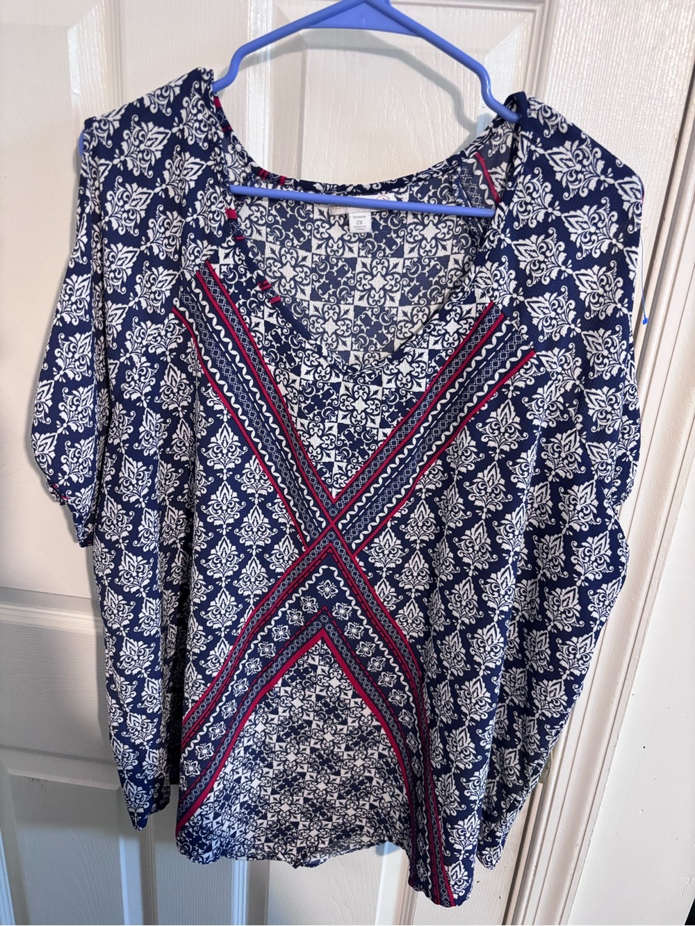 Westport Navy and White Printed V-Neck Tunic with Pink Trim Accents